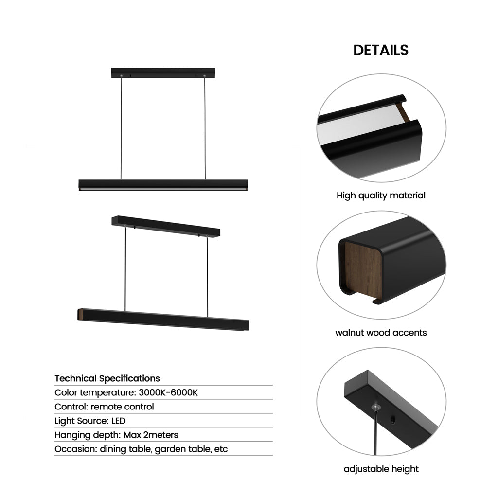 Hanging Light Fixture for Kitchen Island & Dining Room | Wood & Metal Linear Bar 31.5-71 in | Height-Adjustable Overhead LED | Remote-Contro