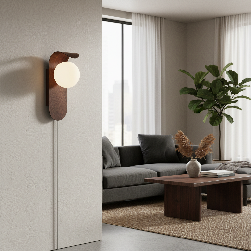 Plug-In Sconce with Frosted Globe and Wood Accent – 10 Inch Height for Bedroom Bathroom Hallway – G9 Socket Dimmable Fixture – Natural or Wa