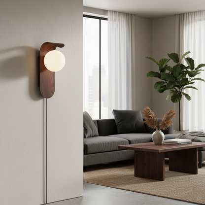 Plug-In Sconce with Frosted Globe and Wood Accent – 10 Inch Height for Bedroom Bathroom Hallway – G9 Socket Dimmable Fixture – Natural or Wa