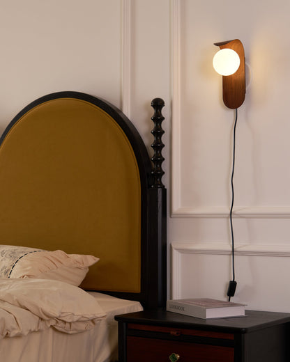 Plug-In Sconce with Frosted Globe and Wood Accent – 10 Inch Height for Bedroom Bathroom Hallway – G9 Socket Dimmable Fixture – Natural or Wa