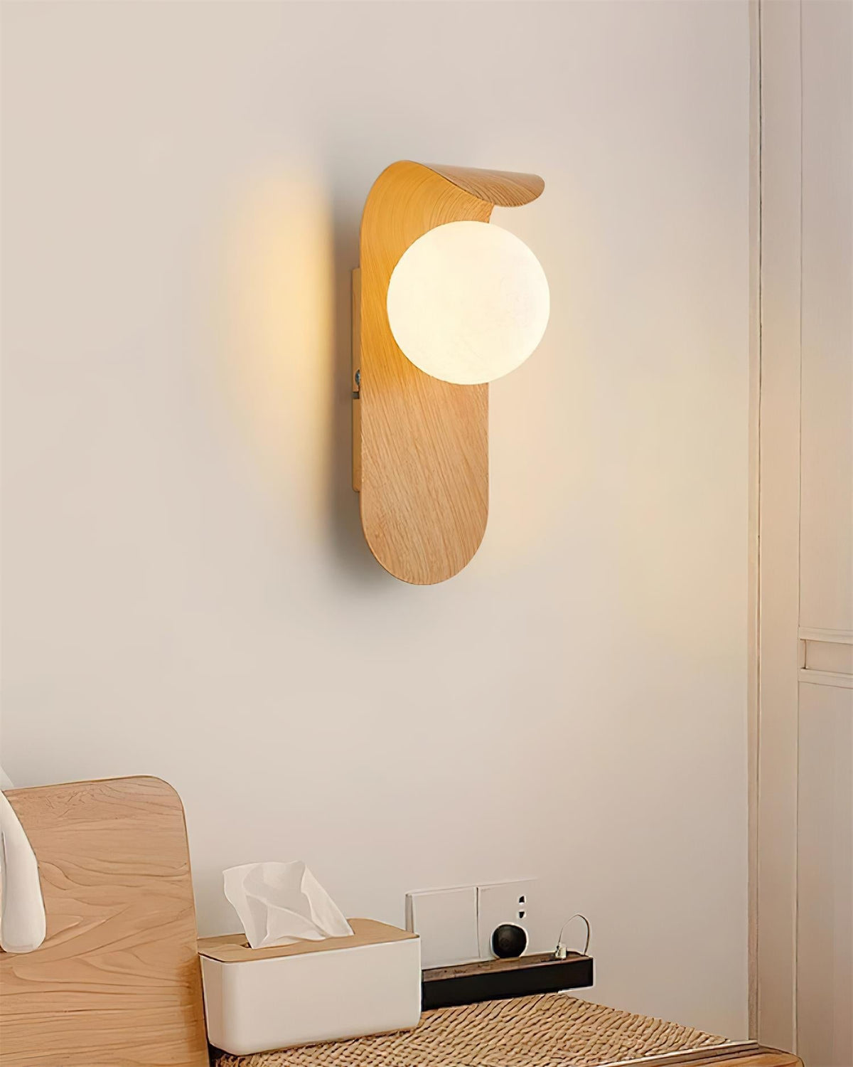 Plug-In Sconce with Frosted Globe and Wood Accent – 10 Inch Height for Bedroom Bathroom Hallway – G9 Socket Dimmable Fixture – Natural or Wa