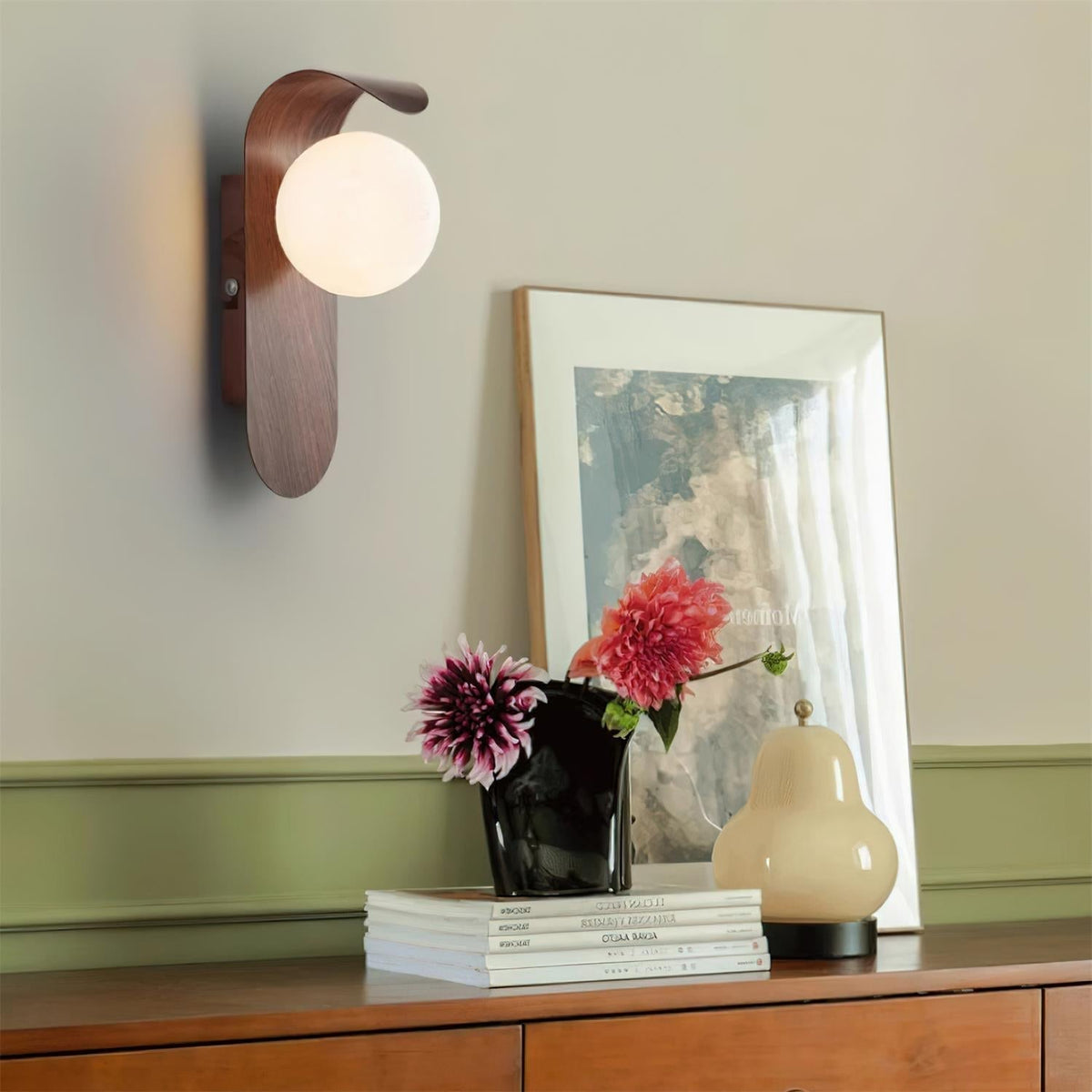Contemporary Wood-Finish Wall Sconce with Glass or Acrylic Globe Shade for Living Room & Bedroom
