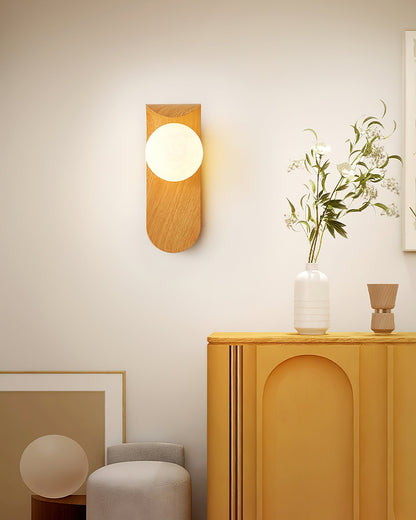 Spherical Sconce with Timber Accent – Frosted Orb Fixture for Bathrooms, Hallways & Bedrooms – Dimmable G9 Base