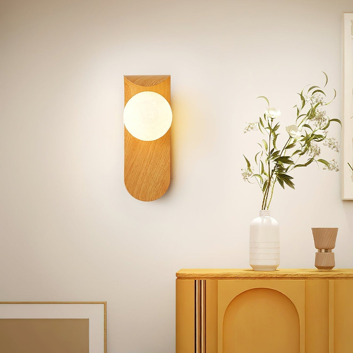 Contemporary Wood-Finish Wall Sconce with Glass or Acrylic Globe Shade for Living Room & Bedroom