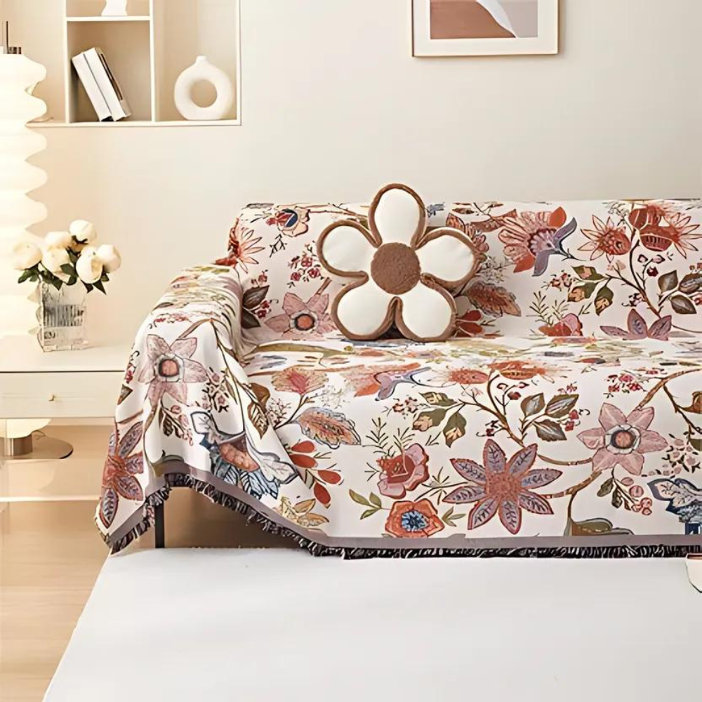 Carmen Floral Throw Blanket - Soft Polyester Cotton Blend, Rustic Tassels