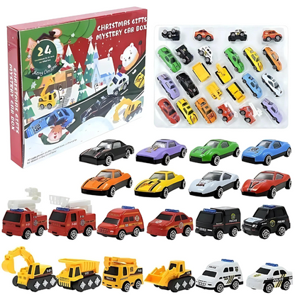 Holiday Countdown Calendar 24 Mini Vehicles Daily Reveal December Surprise Box Kids 10 in Multi-Theme Play Set Christmas Gift Children Toy