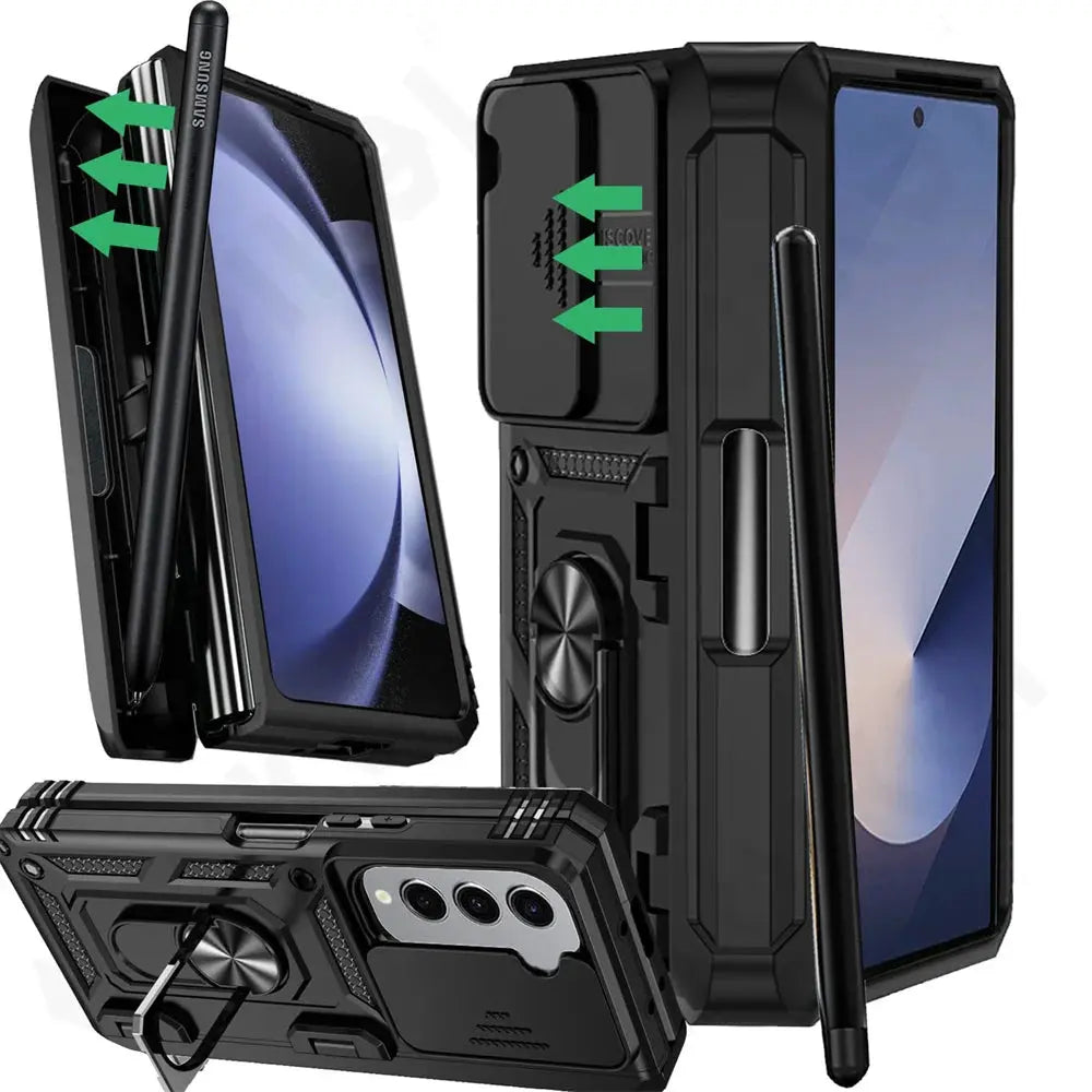 Protective Foldable Phone Case with Sliding Camera Guard, Ring Stand & Stylus Slot for Samsung Galaxy Z Fold 7, Z Fold 6, Z Fold 5