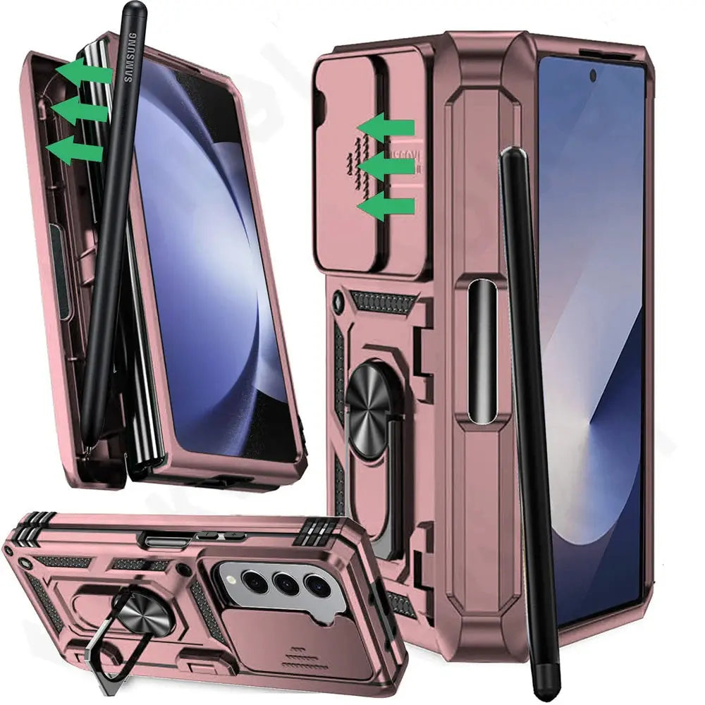Protective Foldable Phone Case with Sliding Camera Guard, Ring Stand & Stylus Slot for Samsung Galaxy Z Fold 7, Z Fold 6, Z Fold 5