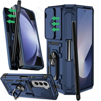 Protective Foldable Phone Case with Sliding Camera Guard, Ring Stand & Stylus Slot for Samsung Galaxy Z Fold 7, Z Fold 6, Z Fold 5