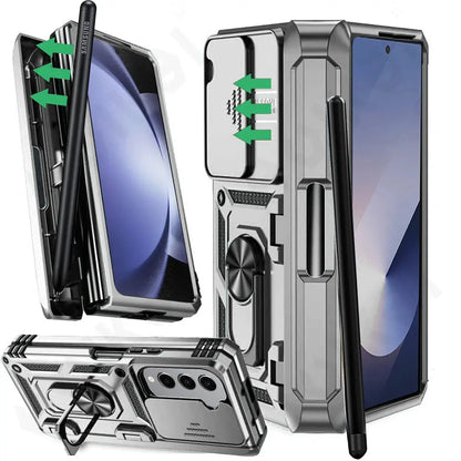 Protective Foldable Phone Case with Sliding Camera Guard, Ring Stand & Stylus Slot for Samsung Galaxy Z Fold 7, Z Fold 6, Z Fold 5