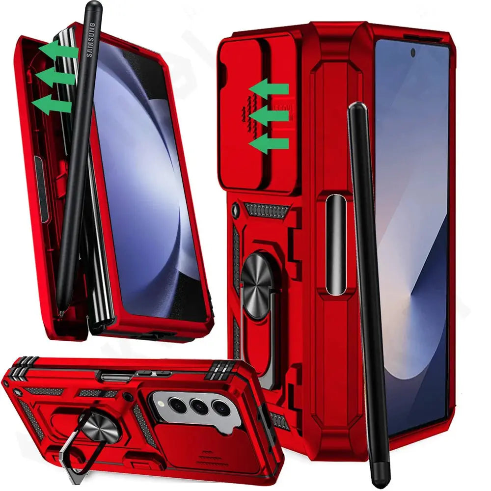 Protective Foldable Phone Case with Sliding Camera Guard, Ring Stand & Stylus Slot for Samsung Galaxy Z Fold 7, Z Fold 6, Z Fold 5