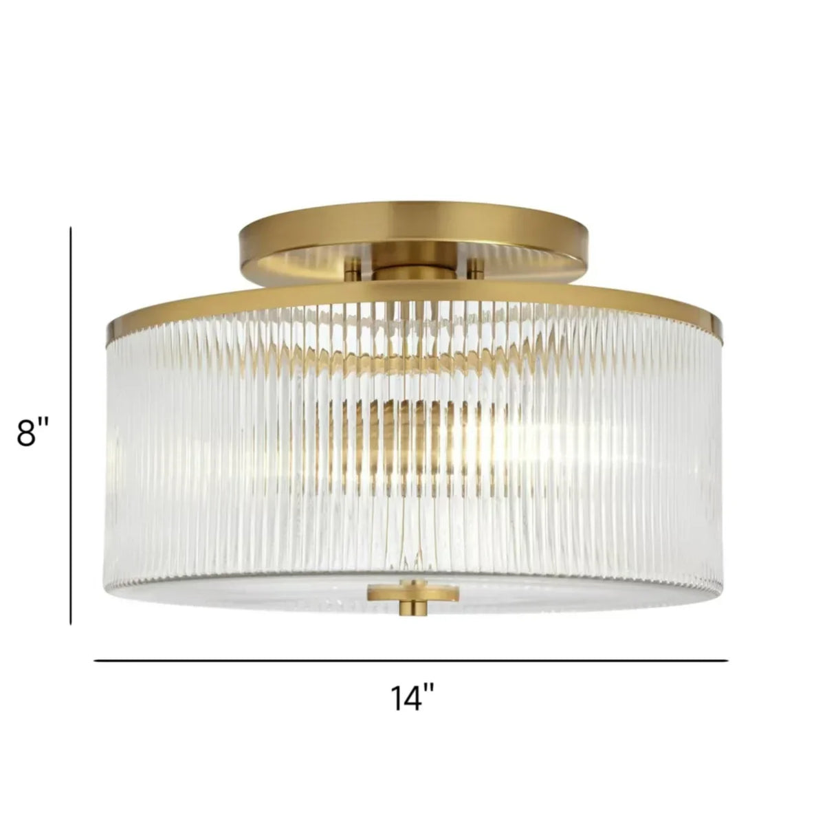 Dual-Socket Flush-Mount Fixture 14 Inch Black Brass Ribbed Glass Shade Hardwired Semi-Flush Overhead Light for Bedroom Entryway Dining Room