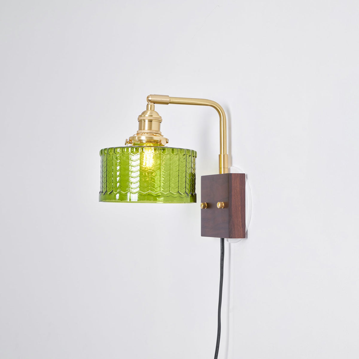 Handcrafted Wooden Sconce with Brass Accents and Emerald Fishscale Glass Shade for Hallway Bedroom Bathroom Ambient Lighting