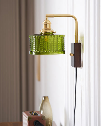 Handcrafted Wooden Sconce with Brass Accents and Emerald Fishscale Glass Shade for Hallway Bedroom Bathroom Ambient Lighting