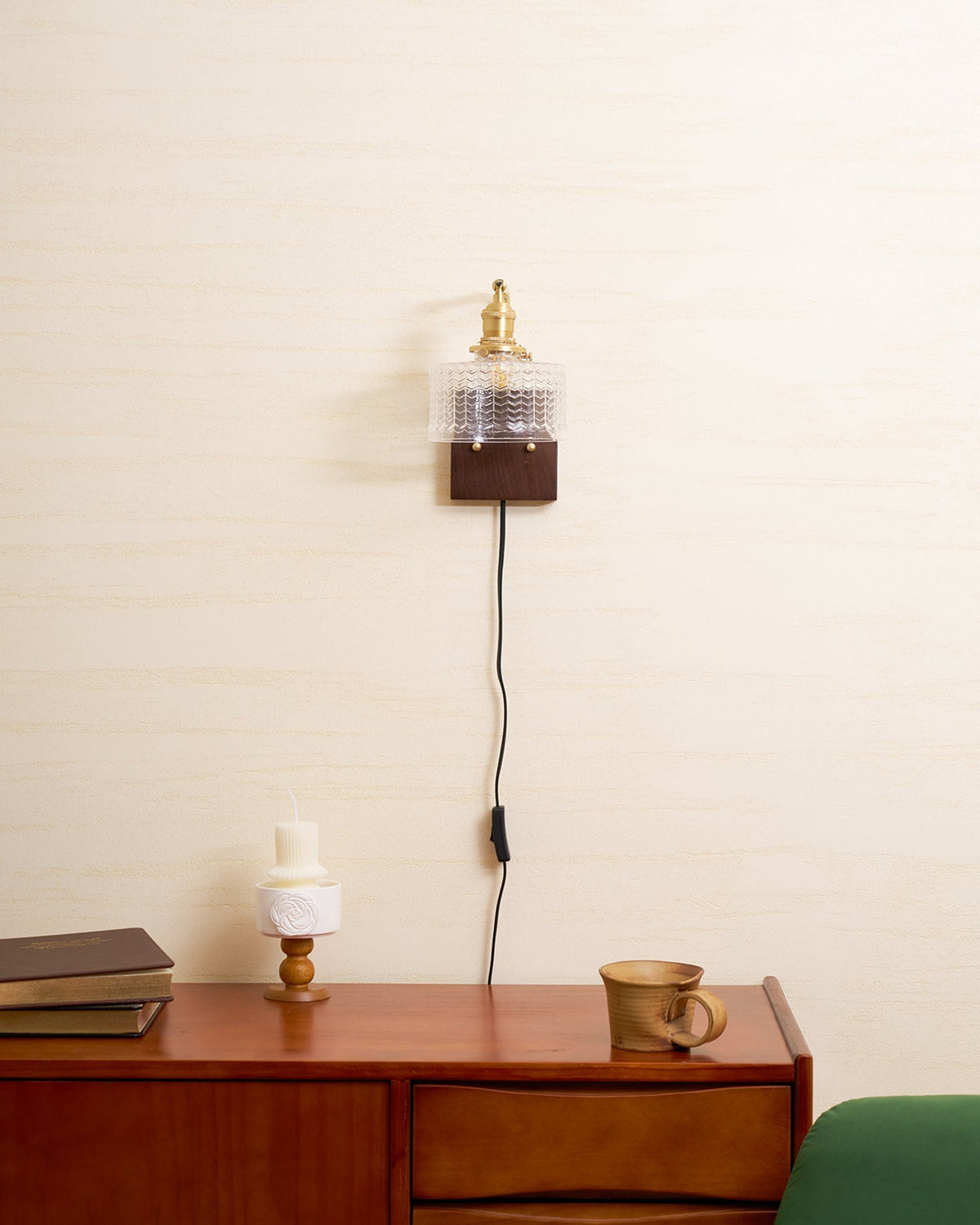 Handcrafted Wooden Sconce with Brass Accents and Emerald Fishscale Glass Shade for Hallway Bedroom Bathroom Ambient Lighting