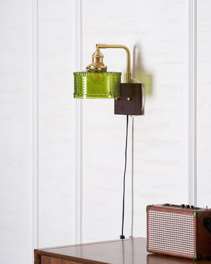 Handcrafted Wooden Sconce with Brass Accents and Emerald Fishscale Glass Shade for Hallway Bedroom Bathroom Ambient Lighting
