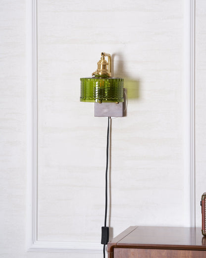 Handcrafted Wooden Sconce with Brass Accents and Emerald Fishscale Glass Shade for Hallway Bedroom Bathroom Ambient Lighting