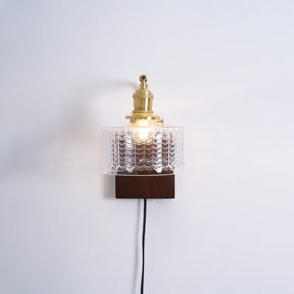 Handcrafted Wooden Sconce with Brass Accents and Emerald Fishscale Glass Shade for Hallway Bedroom Bathroom Ambient Lighting
