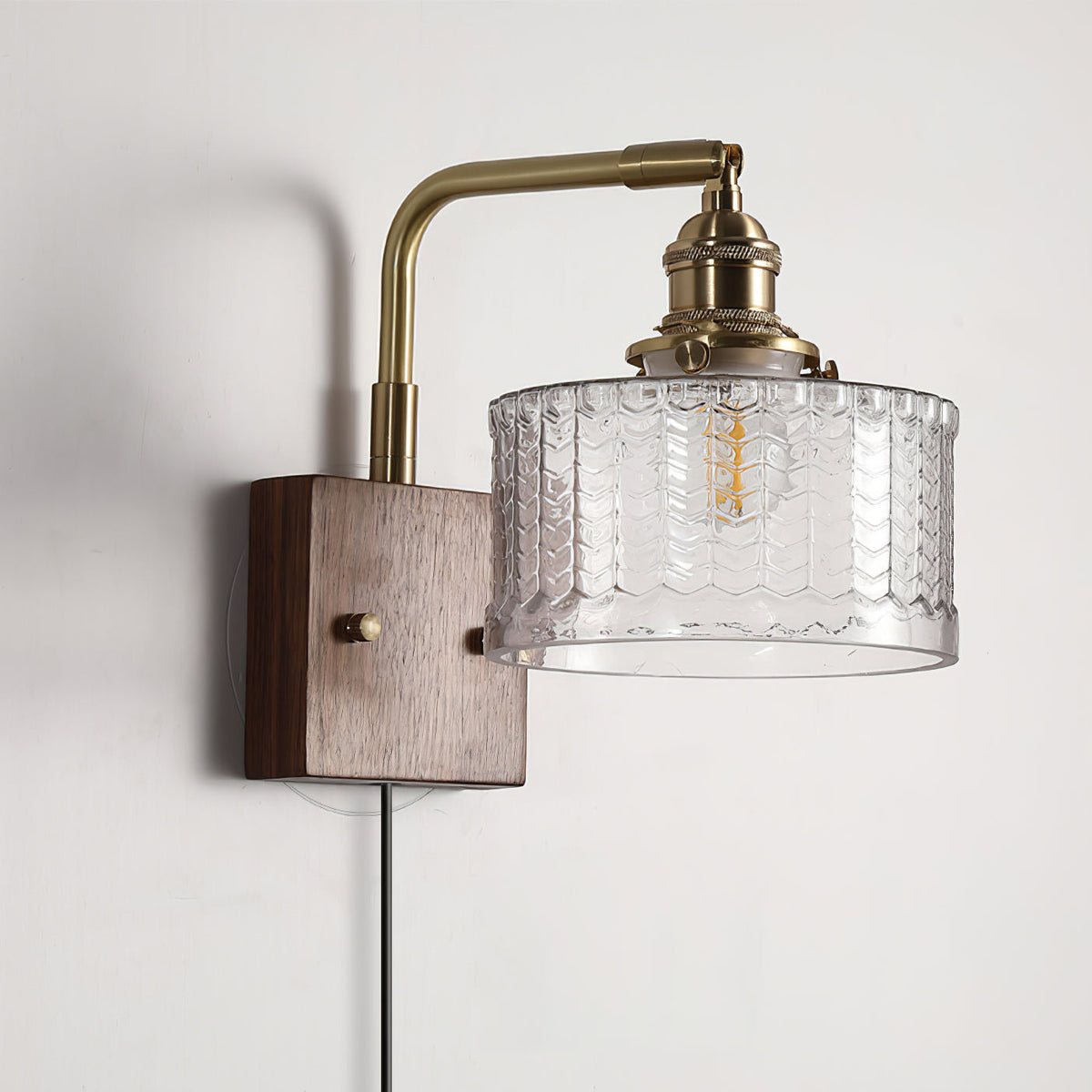 Handcrafted Wooden Sconce with Brass Accents and Emerald Fishscale Glass Shade for Hallway Bedroom Bathroom Ambient Lighting