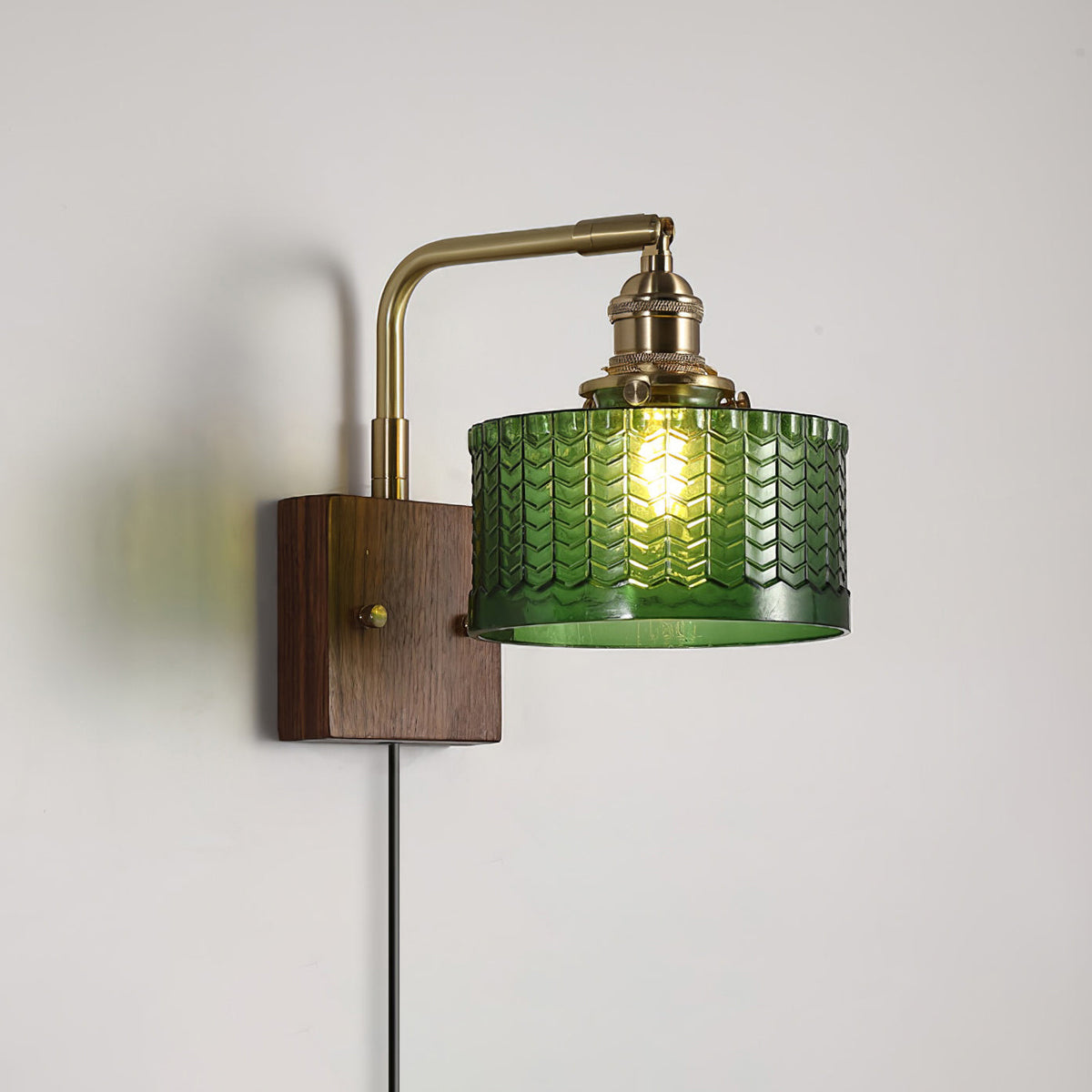 Handcrafted Wooden Sconce with Brass Accents and Emerald Fishscale Glass Shade for Hallway Bedroom Bathroom Ambient Lighting