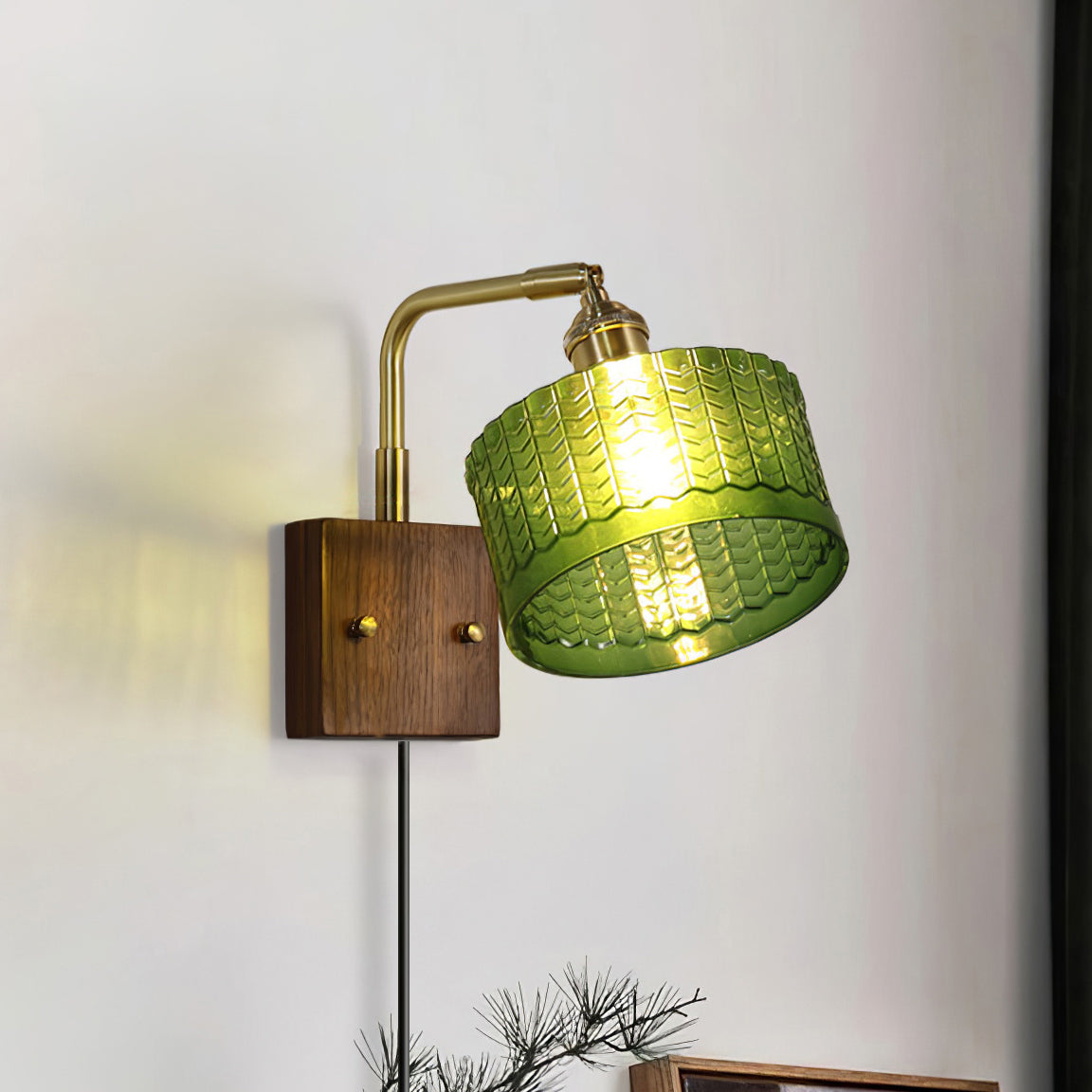 Handcrafted Wooden Sconce with Brass Accents and Emerald Fishscale Glass Shade for Hallway Bedroom Bathroom Ambient Lighting