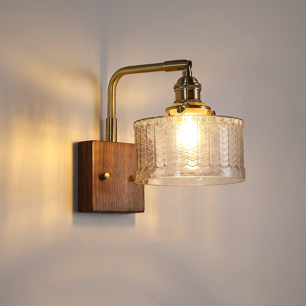 Handcrafted Wall Sconce with Textured Glass Shade & Natural Wood Bracket for Living Room, Bedroom, Hallway
