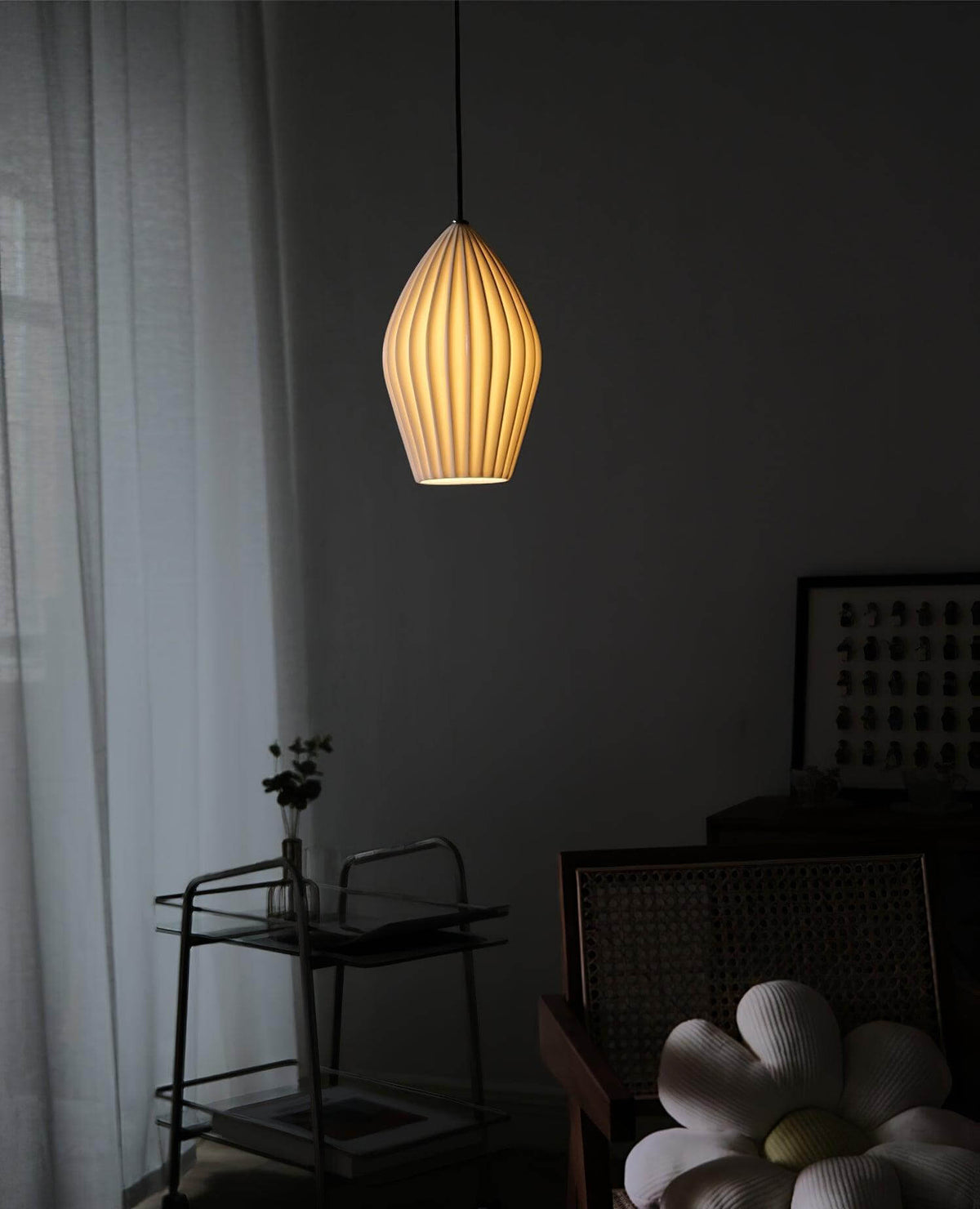 Ceramic Hanging Light Fixture White Ribbed Shade E14 Socket for Kitchen Island Dining Room Table Ceiling Adjustable Cord