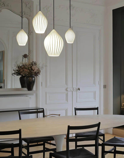 Ceramic Hanging Light Fixture White Ribbed Shade E14 Socket for Kitchen Island Dining Room Table Ceiling Adjustable Cord