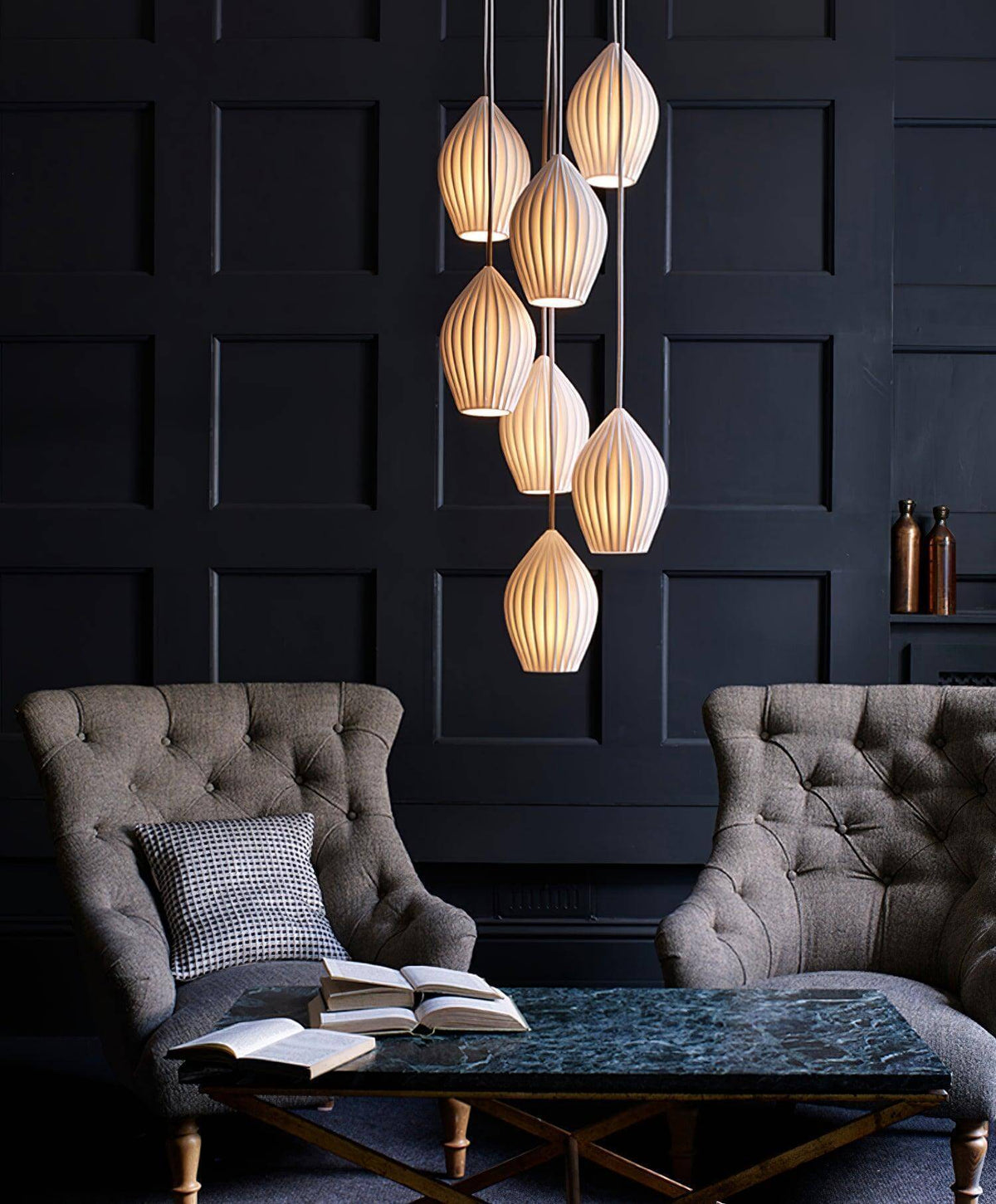 Ceramic Hanging Light Fixture White Ribbed Shade E14 Socket for Kitchen Island Dining Room Table Ceiling Adjustable Cord