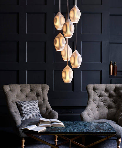 Ceramic Hanging Light Fixture White Ribbed Shade E14 Socket for Kitchen Island Dining Room Table Ceiling Adjustable Cord