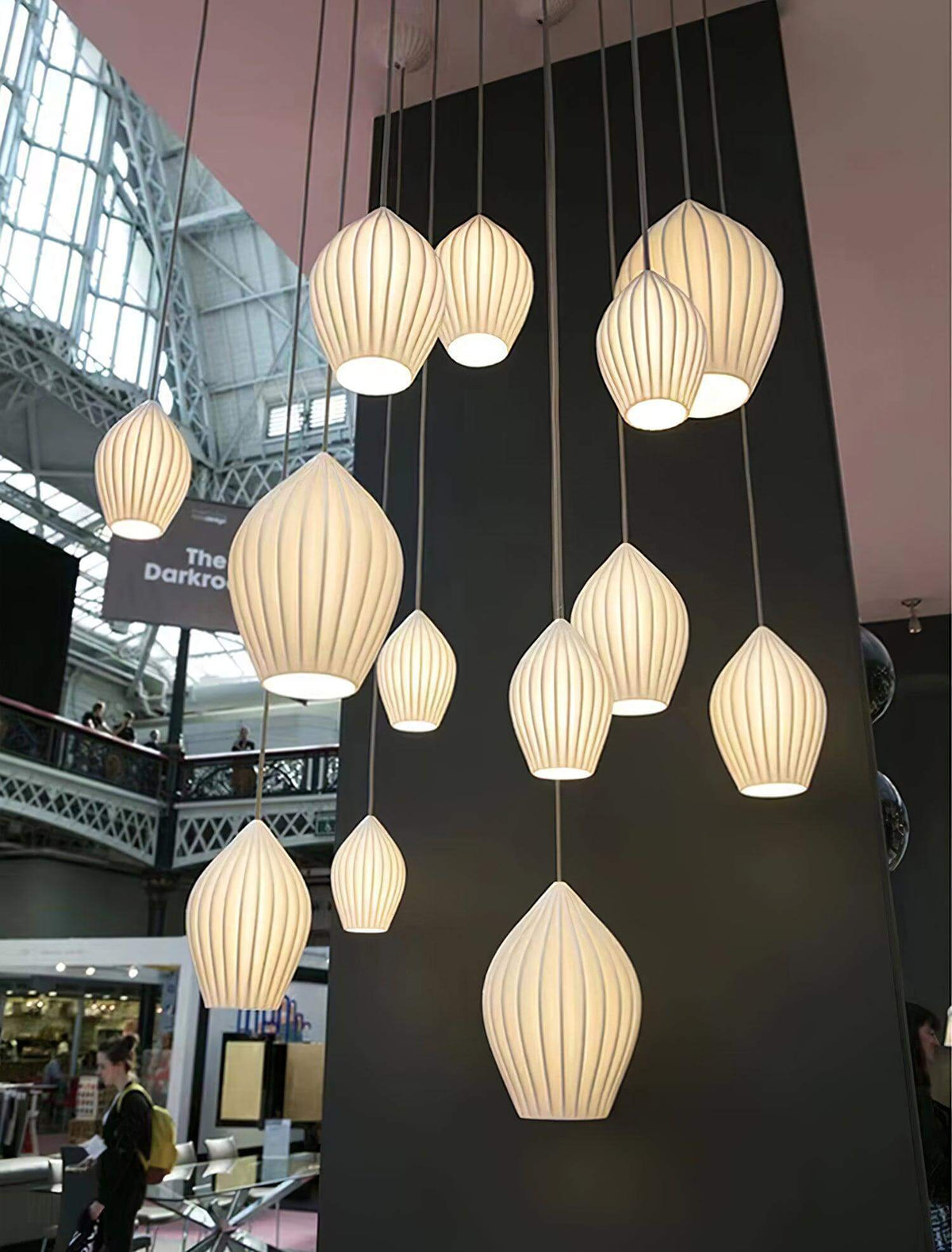 Ceramic Hanging Light Fixture White Ribbed Shade E14 Socket for Kitchen Island Dining Room Table Ceiling Adjustable Cord