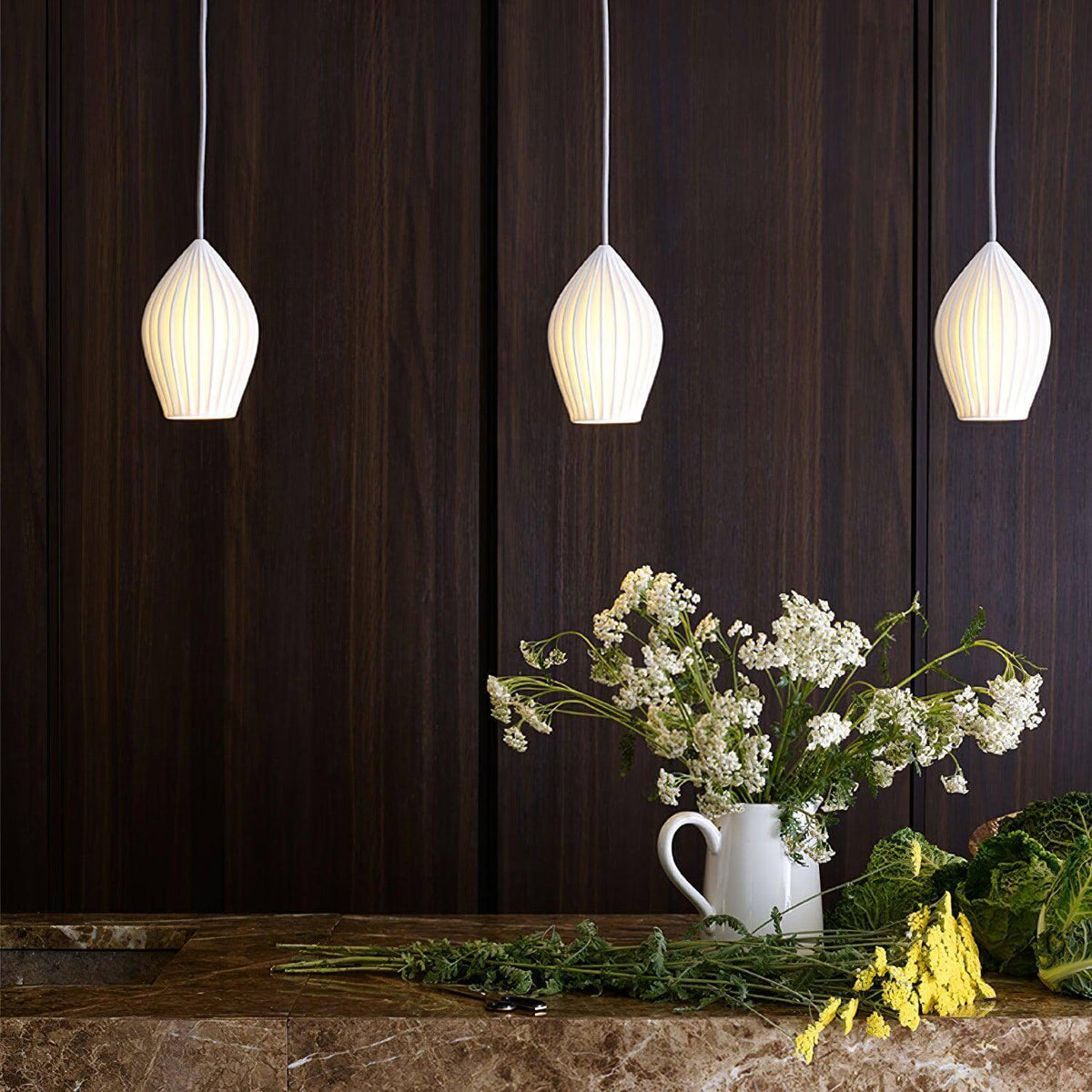 Ceramic Hanging Light Fixture White Ribbed Shade E14 Socket for Kitchen Island Dining Room Table Ceiling Adjustable Cord