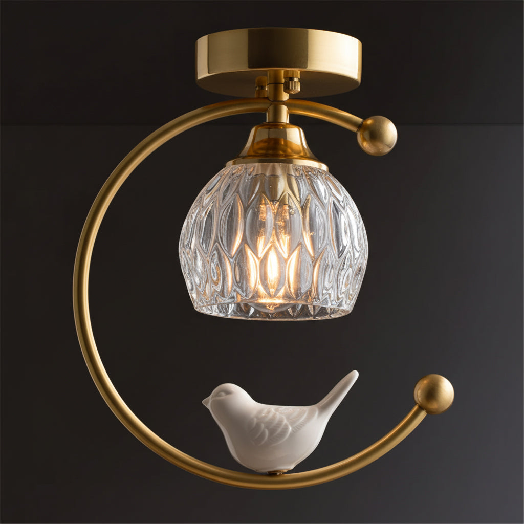 Decorative Bird Pendant Light with Brass Frame & Glass Shade for Bedroom, Dining Room & Living Room | Indoor Hanging Fixture 9 in × 11 in