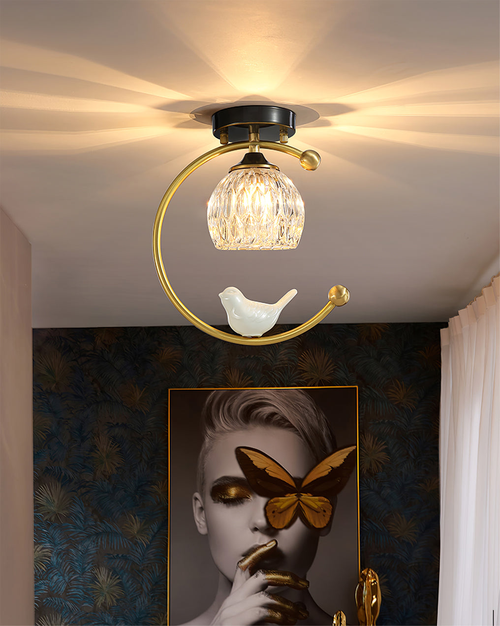 Decorative Bird Pendant Light with Brass Frame & Glass Shade for Bedroom, Dining Room & Living Room | Indoor Hanging Fixture 9 in × 11 in