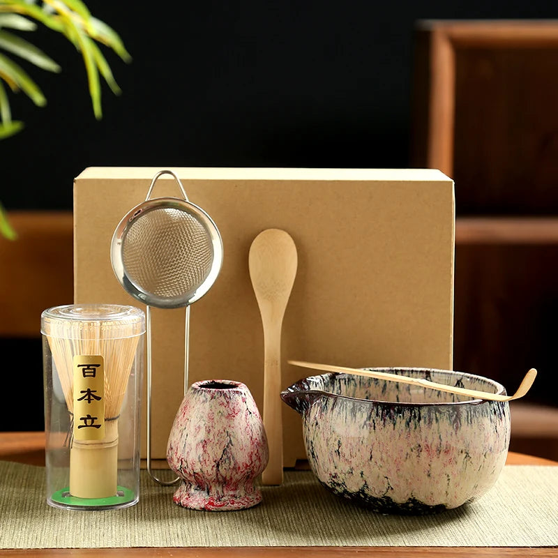Ceramic Matcha Tea Set with Bamboo Whisk & Strainer | 6-Piece Essential Tools for Authentic Preparation