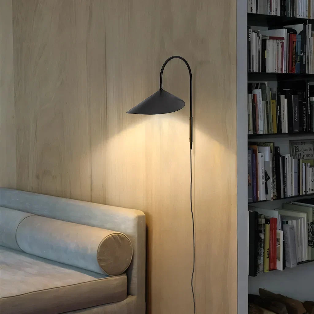 Swing-Arm Sconce with Leaf Shade for Bedroom & Study – Directional Reading Light, Rotatable Design, Metal Construction – Black or Cashmere F