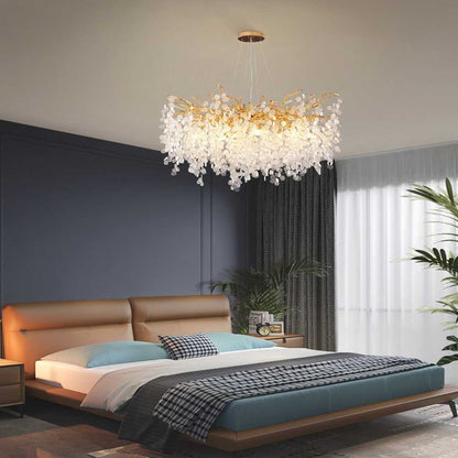 Glass Leaf Pendant Light Gold Aluminum Frame LED Adjustable Color Temperature Ceiling Fixture Living Room Bedroom Dining Entryway Statement