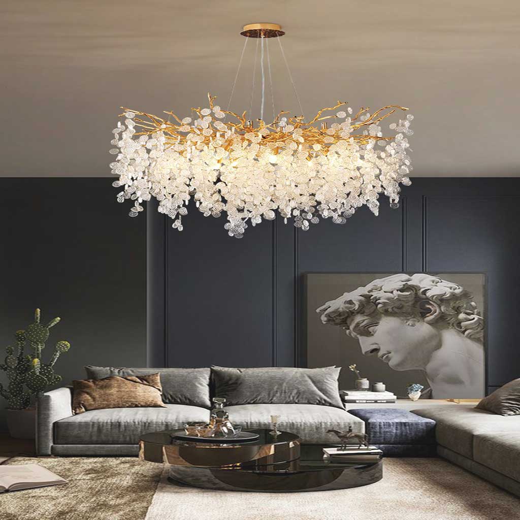 Glass Leaf Pendant Light Gold Aluminum Frame LED Adjustable Color Temperature Ceiling Fixture Living Room Bedroom Dining Entryway Statement