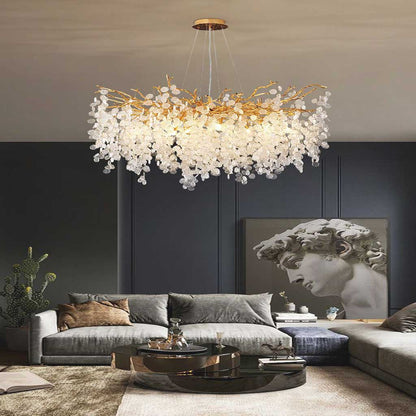 Glass Leaf Pendant Light Gold Aluminum Frame LED Adjustable Color Temperature Ceiling Fixture Living Room Bedroom Dining Entryway Statement
