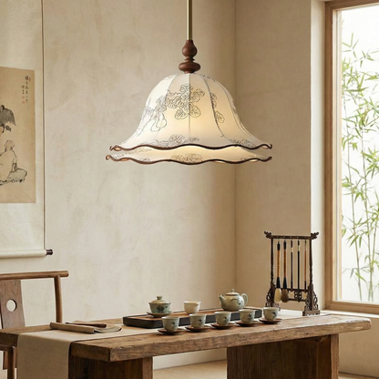 Hanging Fixture with Floral Fabric Shade 9.8-Inch Mixed Material Finish Gold Walnut Accents for Dining Room Kitchen Island Living Space Adju