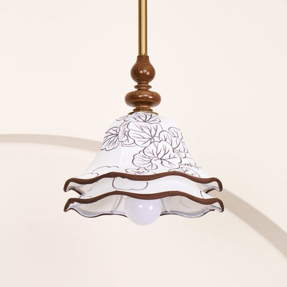 Hanging Fixture with Floral Fabric Shade 9.8-Inch Mixed Material Finish Gold Walnut Accents for Dining Room Kitchen Island Living Space Adju