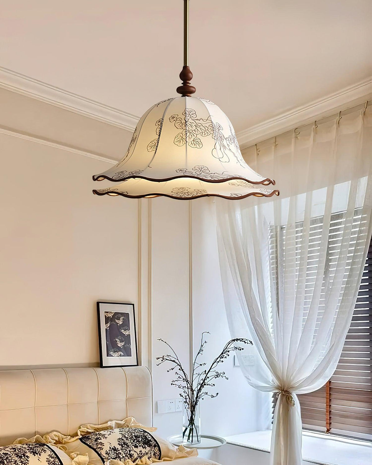 Hanging Fixture with Floral Fabric Shade 9.8-Inch Mixed Material Finish Gold Walnut Accents for Dining Room Kitchen Island Living Space Adju
