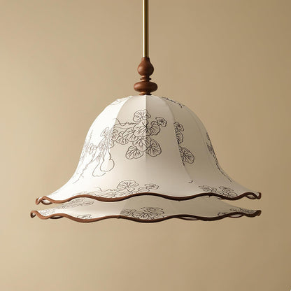 Hanging Fixture with Floral Fabric Shade 9.8-Inch Mixed Material Finish Gold Walnut Accents for Dining Room Kitchen Island Living Space Adju
