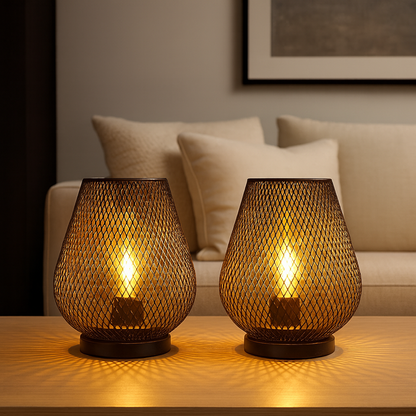 Cordless Metal Table Lamp with Openwork Pattern & Warm LED Light for Living Room, Bedroom & Patio