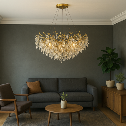 Round Crystal Chandelier 31.5 in Diameter Gold Finish Warm White LED for Dining Room Living Room Hallway Adjustable Height Ceiling Light for