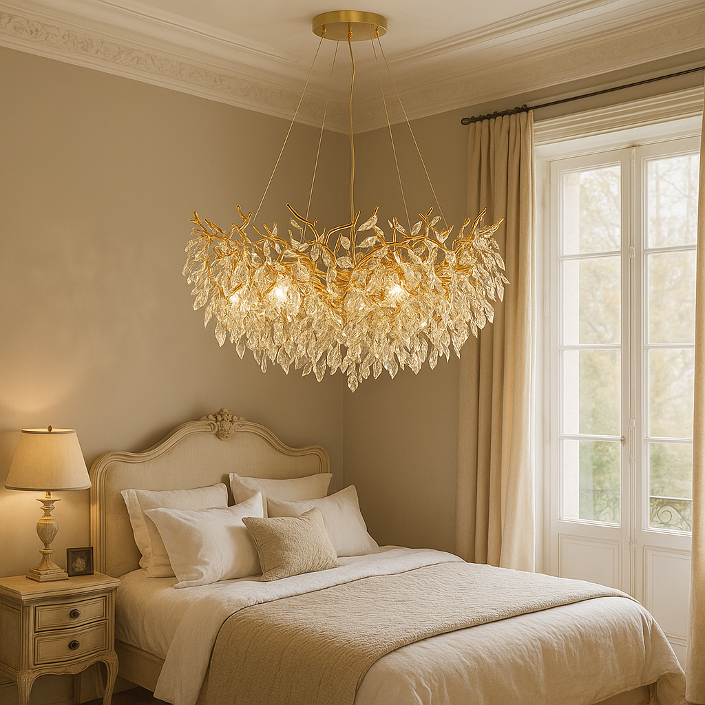 Round Crystal Chandelier 31.5 in Diameter Gold Finish Warm White LED for Dining Room Living Room Hallway Adjustable Height Ceiling Light for