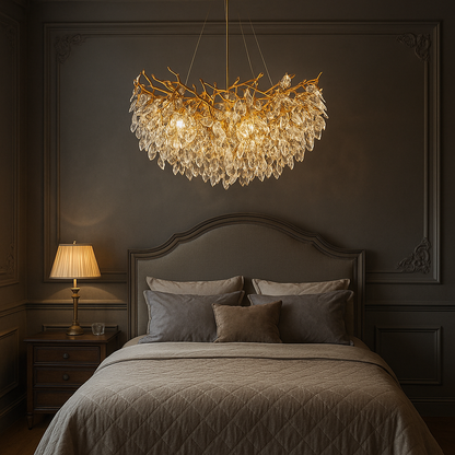 Round Crystal Chandelier 31.5 in Diameter Gold Finish Warm White LED for Dining Room Living Room Hallway Adjustable Height Ceiling Light for