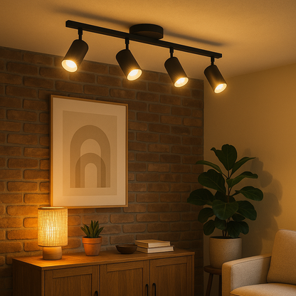 Four-Head Track Spotlight Fixture for Kitchen & Living Room | Directional Aluminum Rail Lighting in Black or White Finish | GU10 Socket Comp