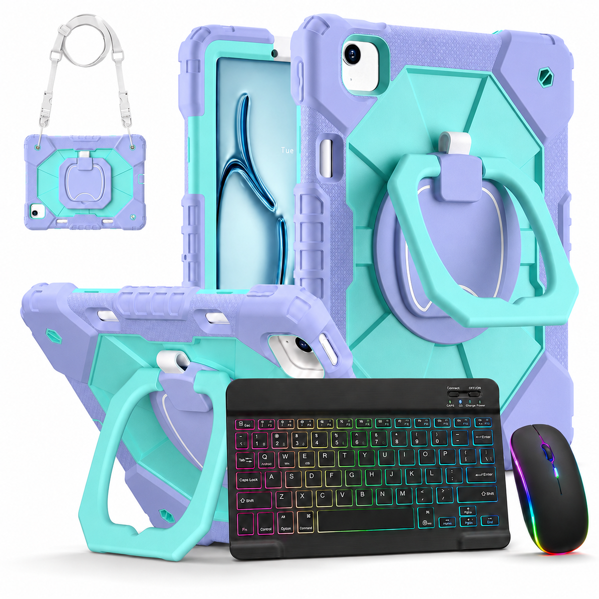 Rugged iPad Case with Backlit Wireless Keyboard & Mouse Bundle – Rotating Ring Grip, Kickstand, Shoulder Strap & Apple Pencil Slot for