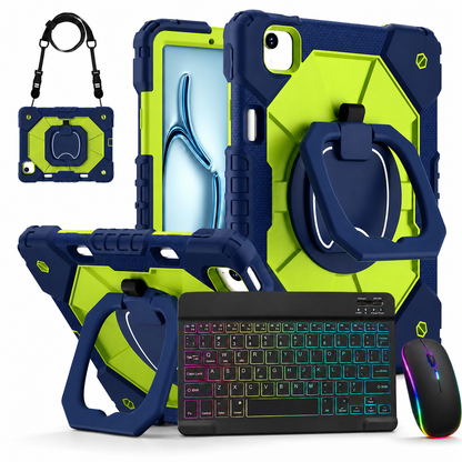 Rugged iPad Case with Backlit Wireless Keyboard & Mouse Bundle – Rotating Ring Grip, Kickstand, Shoulder Strap & Apple Pencil Slot for
